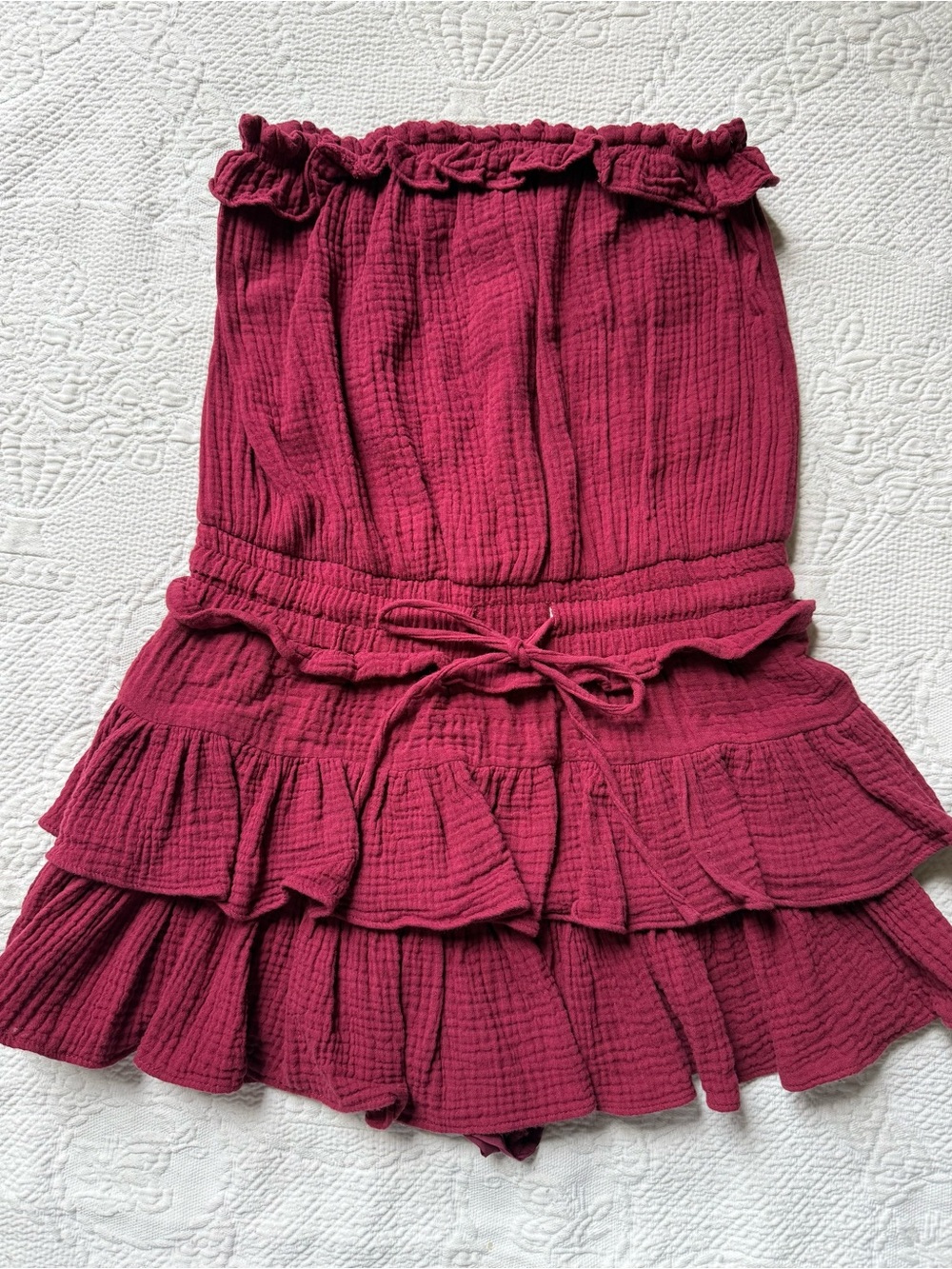 Strapless Ruffled Tiered Mini Dress in Deep Wine/Burgundy